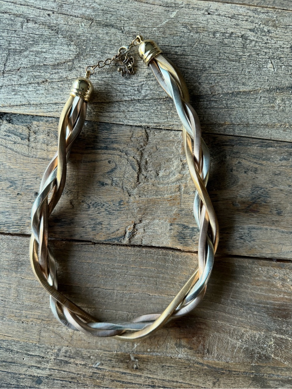Tri-Tone Twisted Rope Necklace - Gold, Silver, Bronze